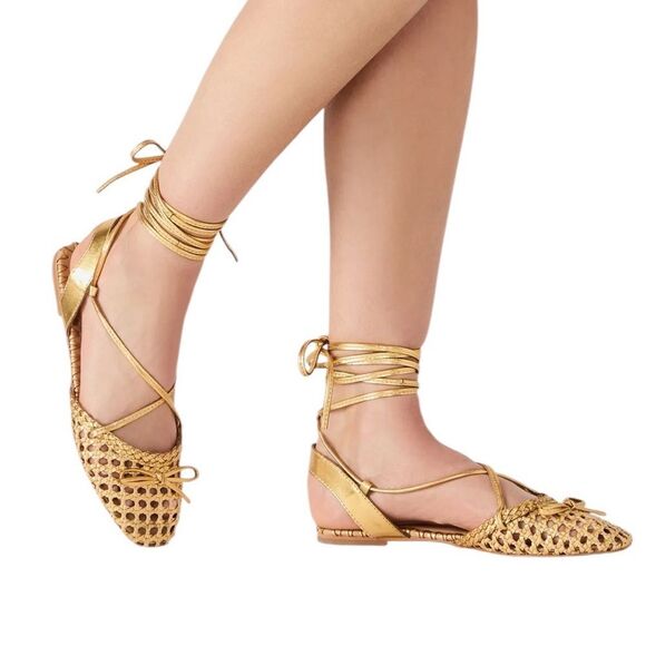 Steve Madden Gossamer Gold Leather Woven Lace-Up Ballet Flat 11 NEW - Picture 1 of 7